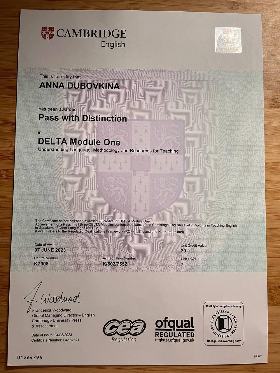 Delta result - Pass with Distinction